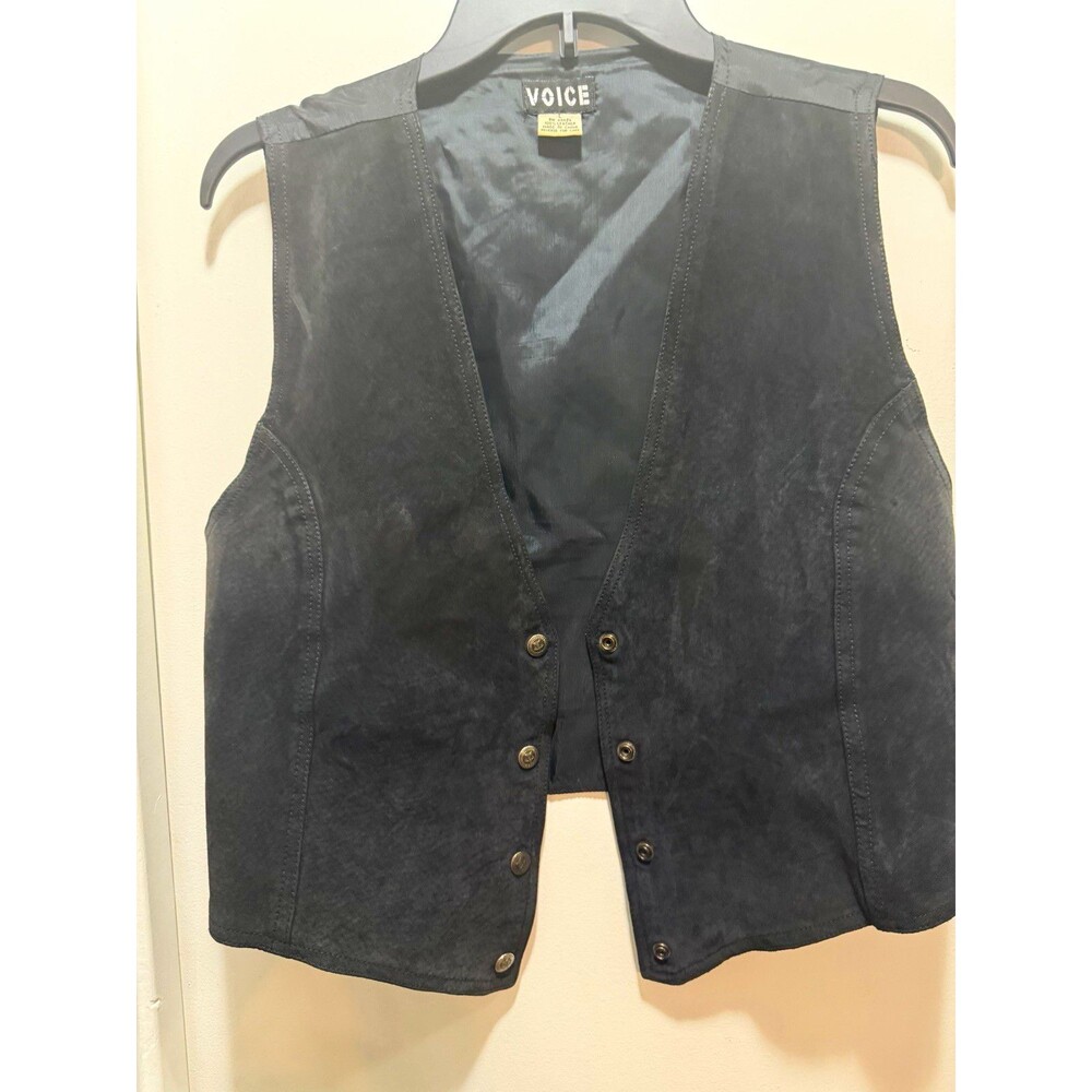 VOICE Women's Black Leather Button Front Lace-Up Eyelet Lined Vest L